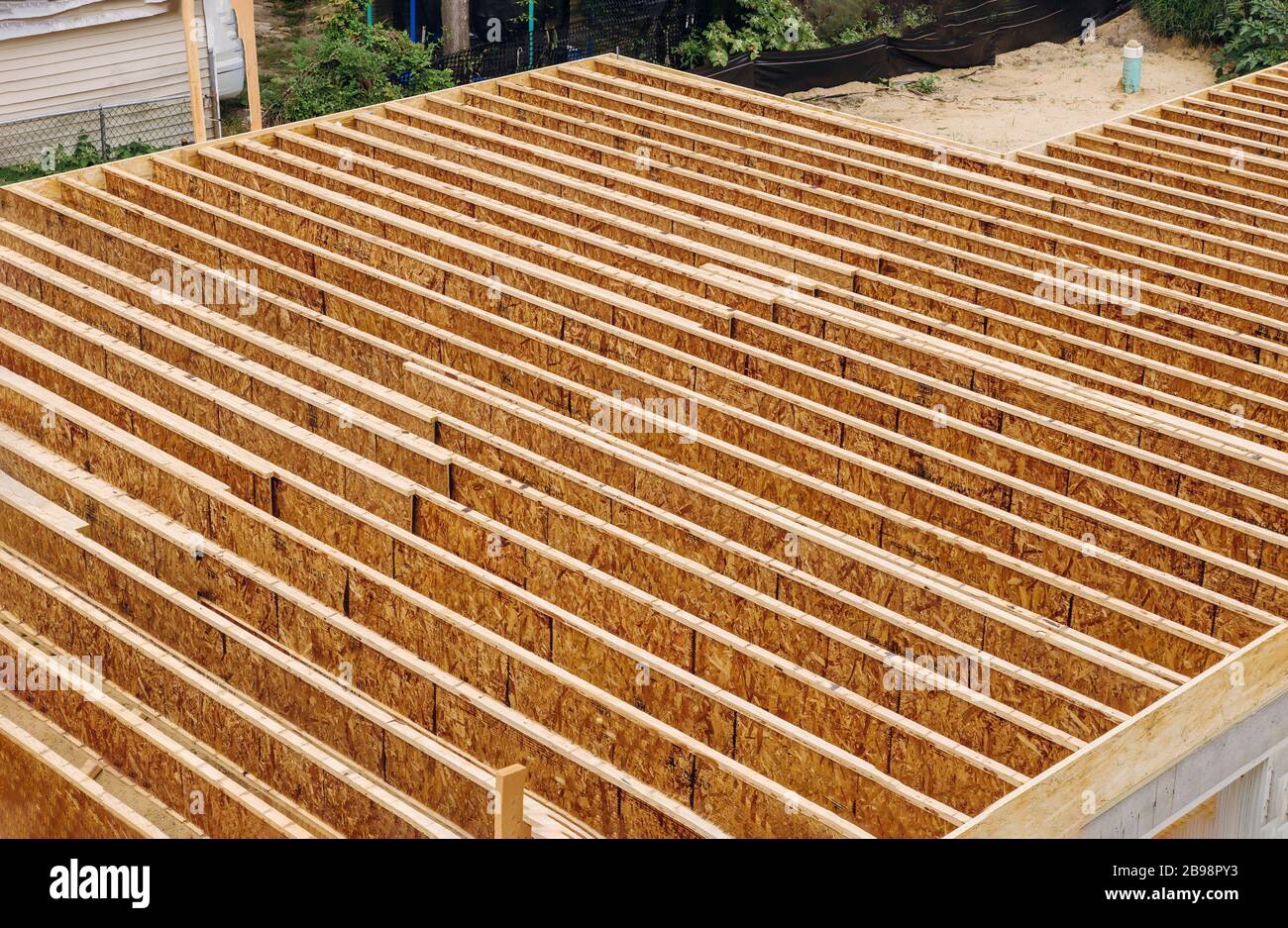 Engineered wood floor joist on a new custom house of floor joist in a