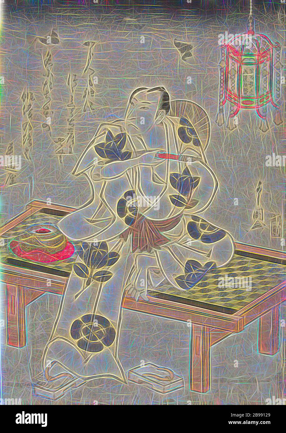Arashi Rikan At Dusk The Actor Arashi Rikan Ii With Pipe In Right Hand Sitting On A Bench With Hanging Lantern Bats In The Background Top Left A Poem Toyokawa Yoshikuni Mentioned