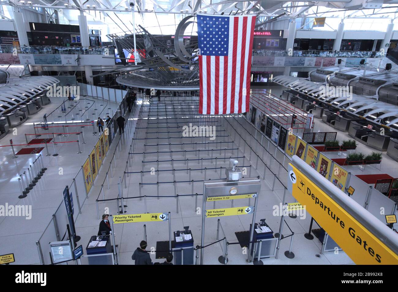 March 21, 2020, New York, NY, USA: Mar 21, 2020:  JFK airport and other nearby airport went ''ATC Zero'' resulting in a suspension of all departing flights. All approcahing flights were sent back to their origins.  The suspension only lasted a short time. Inside Terminal 1 at JFK airport. The TSA security line area  is almost empty. ...NEW YORK DAILY WEBSITES AND  PUBLICATIONS OUT! (Credit Image: © Dan Herrick/ZUMA Wire) Stock Photo