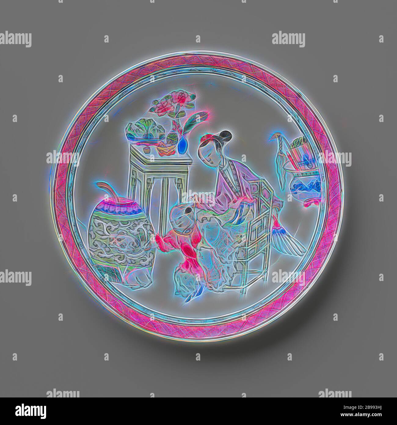 Saucer with a Chinese lady, boy and rabbit, Porcelain dish, painted on the glaze in blue, red, pink, green, yellow, purple, black and gold. On the plate of the dish a Chinese lady on a chair with next to her a boy with a rabbit in front of him, they are surrounded by lucky objects such as a dragon vase, coral and peacock feather vase, flower vase, fruit basket, incense burner and a vase with scrolls, the inner edge with a decorative band with napkin work. Dish has been broken. Famille rose., anonymous, China, c. 1725 - c. 1749, Qing-dynasty (1644-1912) / Yongzheng-period (1723-1735) / Qing-dyn Stock Photo