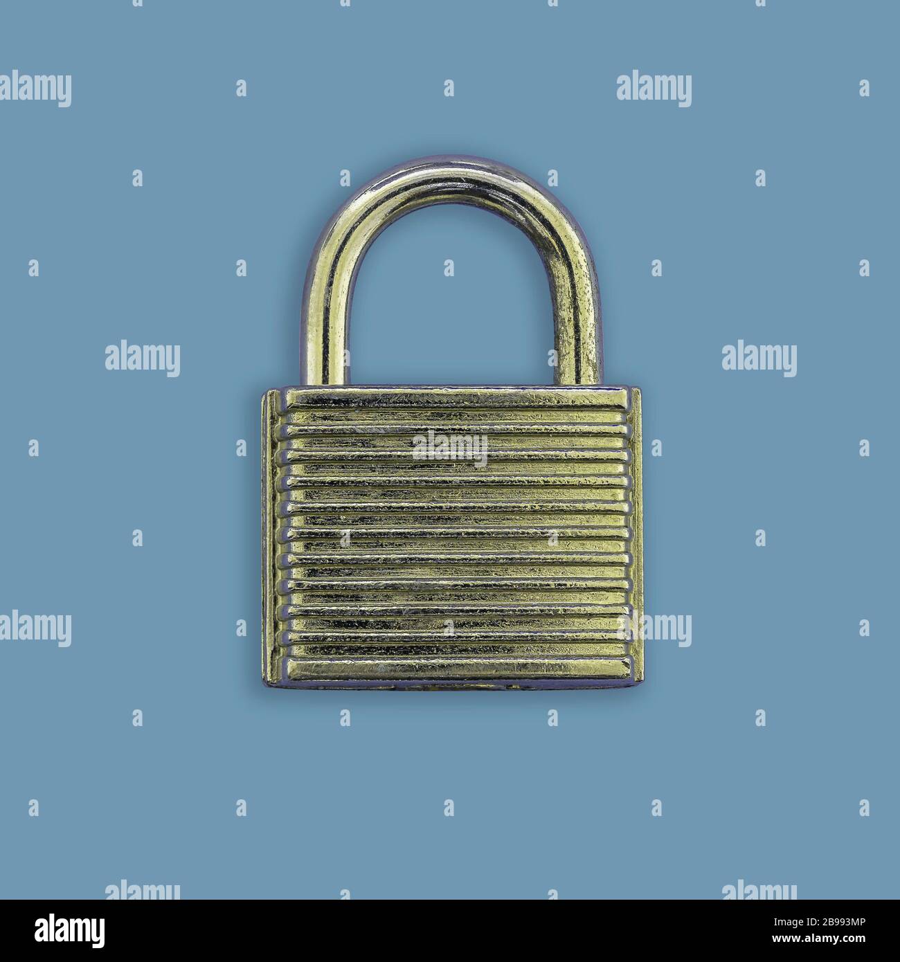 A closed golden padlock on a blue background Stock Photo