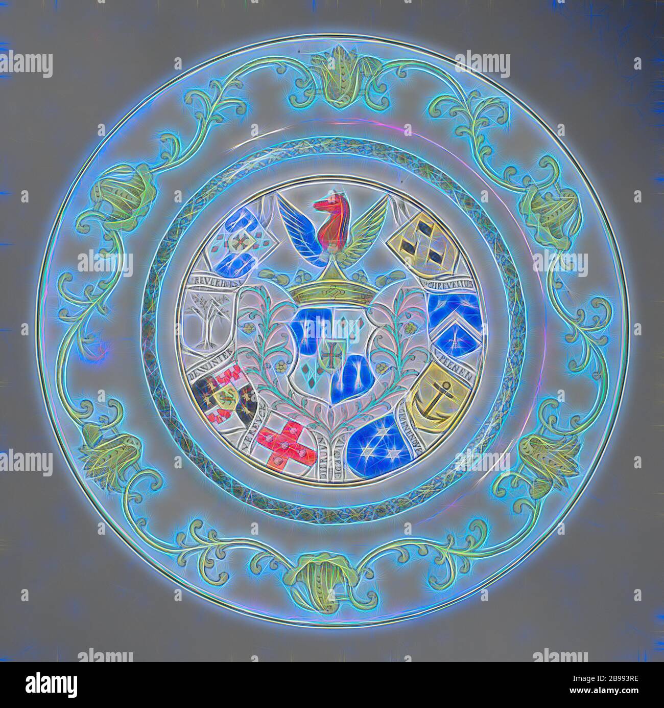 Plate with the arms of the Reverhorst family, Porcelain plate, painted on the glaze in blue, red, green, black and gold. On the shelf the arms of the Van Reverhorst family surrounded by other family arms. The weapon is divided into four fields: 1. and 4. on a blue background two keys, 2. and 3. on a white background three diamonds in red. The helmet sign is a horse surrounded by wings. The cover consists of green palm branches and flower buds. On the wall a band with flowers, the edge with a European ornament band with shell motifs and tendrils. The other weapons that are shown, from left to r Stock Photo
