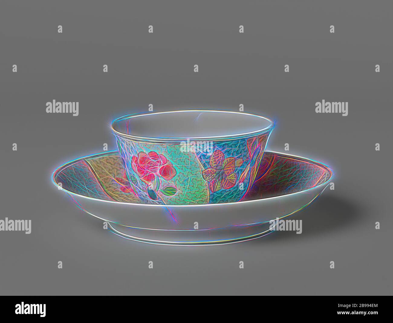 Bell-shaped cup and saucer with three flower sprays on multi-colored diaper pattern, Bell-shaped porcelain cup and saucer, painted on the glaze in blue, red, pink, green, yellow, black and gold. A stylized lotus flower on the plate of the dish in a medallion, from this medallion eight twisted boxes with differently colored napkin work, on these boxes three flower branches (peony, magnolia). Cup with the same decoration. Both saucer and cup have been broken. Porcelain with enamel colors., anonymous, China, c. 1725 - c. 1749, Qing-dynasty (1644-1912) / Yongzheng-period (1723-1735) / Qianlong-per Stock Photo