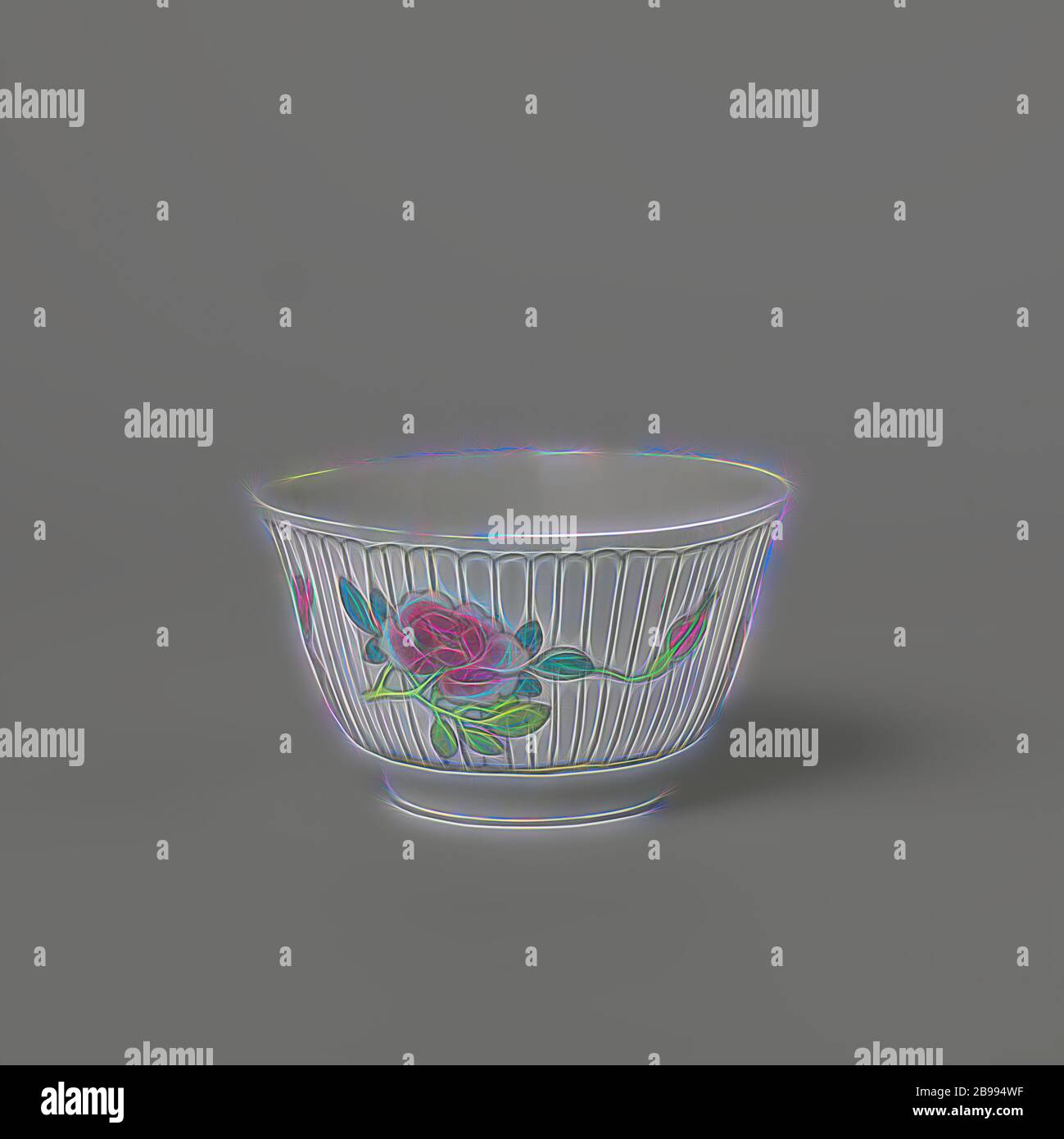 Bell-shaped cup with three flower sprays on a vertically striped ground, Bell-shaped porcelain cup painted on the glaze in blue, red, pink, green, yellow, black and gold. On the outside, three flower branches (peony, magnolia, iris) on a vertically striped ground, a stylized flower on the bottom. Famille rose., anonymous, China, c. 1725 - c. 1749, Qing-dynasty (1644-1912) / Yongzheng-period (1723-1735) / Qianlong-period (1736-1795), porcelain (material), glaze, gold (metal), vitrification, h 3.8 cm d 6.7 cm d 3.4 cm, Reimagined by Gibon, design of warm cheerful glowing of brightness and light Stock Photo