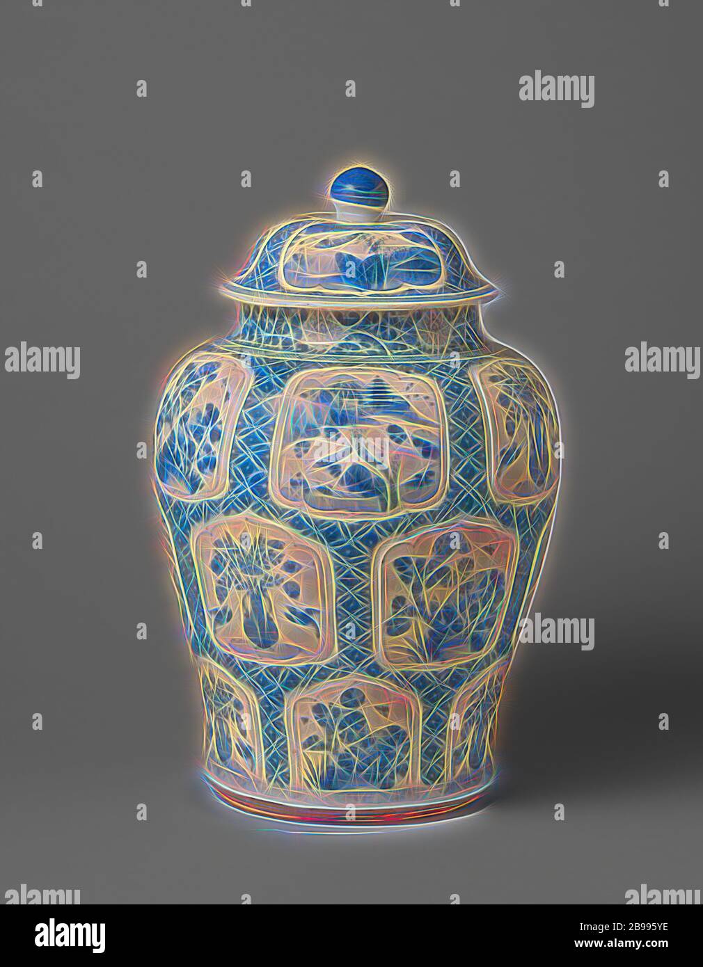 Baluster covered jar with flower vases, flowering plants and landscapes in panels, Baluster-shaped porcelain covered pot, painted in underglaze blue. The belly is covered with napkin work containing saved, modeled, scalloped cartouches with a flower vase (lotus) with two birds, flowering plants (peony) near a rock or a river cap with two people, a boat, pavilions, trees and mountains. The neck with stylized lotus tendrils. On the shoulder and around the foot a band with hatching. The lid with the same decoration. Blue White., anonymous, China, c. 1680 - c. 1720, Kangxi-period (1662-1722), porc Stock Photo