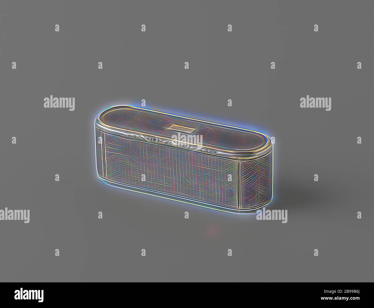 Tinder box, Elips-shaped silver tinder box. A gold-plated rectangular plate on the upper surface. Gilded on the inside. Maker's mark: head looking to the right., anonymous, France, 1838 - 1919, silver (metal), gilding, h 3.5 cm × l 10.0 cm × w 3.3 cm × w 108 gr, Reimagined by Gibon, design of warm cheerful glowing of brightness and light rays radiance. Classic art reinvented with a modern twist. Photography inspired by futurism, embracing dynamic energy of modern technology, movement, speed and revolutionize culture. Stock Photo