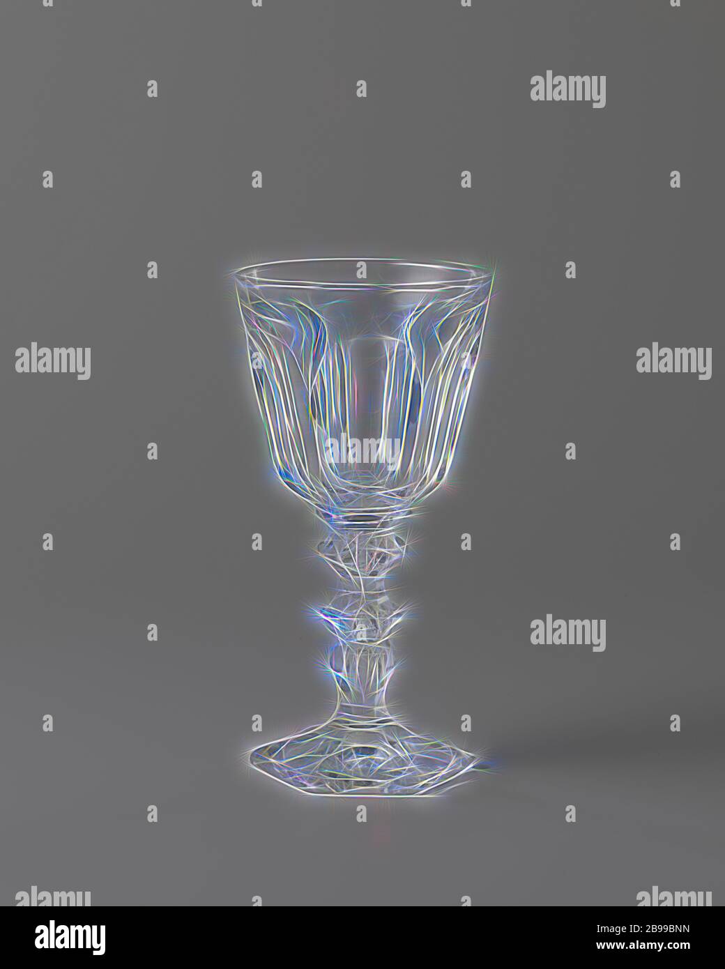 Goblet with cut elips, Hexagonal, conical foot, baluster-shaped trunk with an enclosed bubble and two knots. Conical chalice rounded at the bottom. Faceted cut base and stem, chalice cut into ellipses., anonymous, France, c. 1850 - c. 1875, glass, grinding, h 18.1 cm × d 9.2 cm, Reimagined by Gibon, design of warm cheerful glowing of brightness and light rays radiance. Classic art reinvented with a modern twist. Photography inspired by futurism, embracing dynamic energy of modern technology, movement, speed and revolutionize culture. Stock Photo