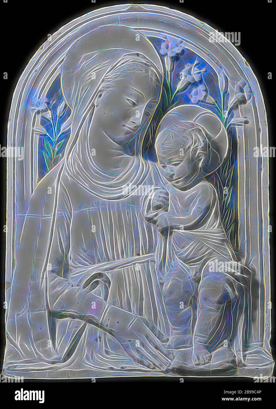 Maria with child, knee-length knee, Luca della Robbia (workshop of), 1500 - 1525, glaze, h 69 cm × w 49.5 cm × d 12 cm × w 22 kg, Reimagined by Gibon, design of warm cheerful glowing of brightness and light rays radiance. Classic art reinvented with a modern twist. Photography inspired by futurism, embracing dynamic energy of modern technology, movement, speed and revolutionize culture. Stock Photo