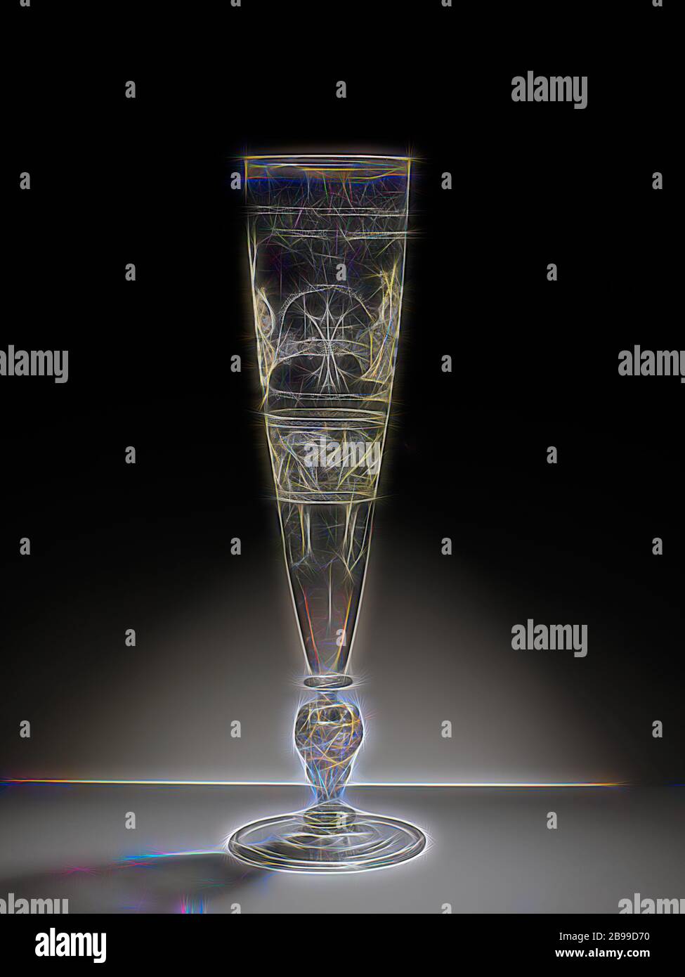 Flute glass with the Stegeman-De Quade alliance weapon, Flat base with folded edge and pontil mark. Hollow, baluster-shaped trunk with two discs, blown into the shape of two lion masks between garlands, trimmed at the top and bottom with a crackle. High, funnel-shaped chalice. The inscription is engraved on the inscription 'SIET HOW FINE AND LIEFLYCK IS T' ONLY THAT BRODERS ARE CONTAINED IN A ONE-DAY RIGHT. Furthermore, a branch with three orange apples. Below that two weapons connected by two clasped hands, holding three arrows. Above and below the hands the Latin saying 'CONCORDIA INSUPERABI Stock Photo