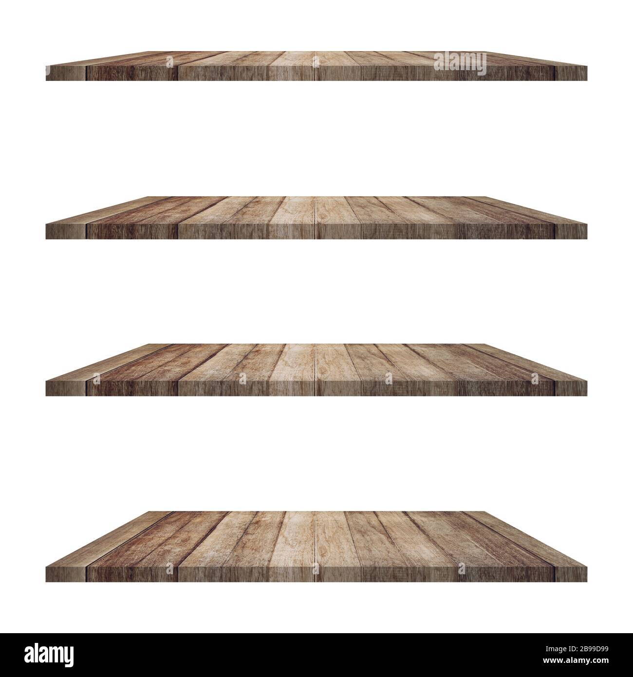 4 Wood shelves table isolated on white background and display montage ...