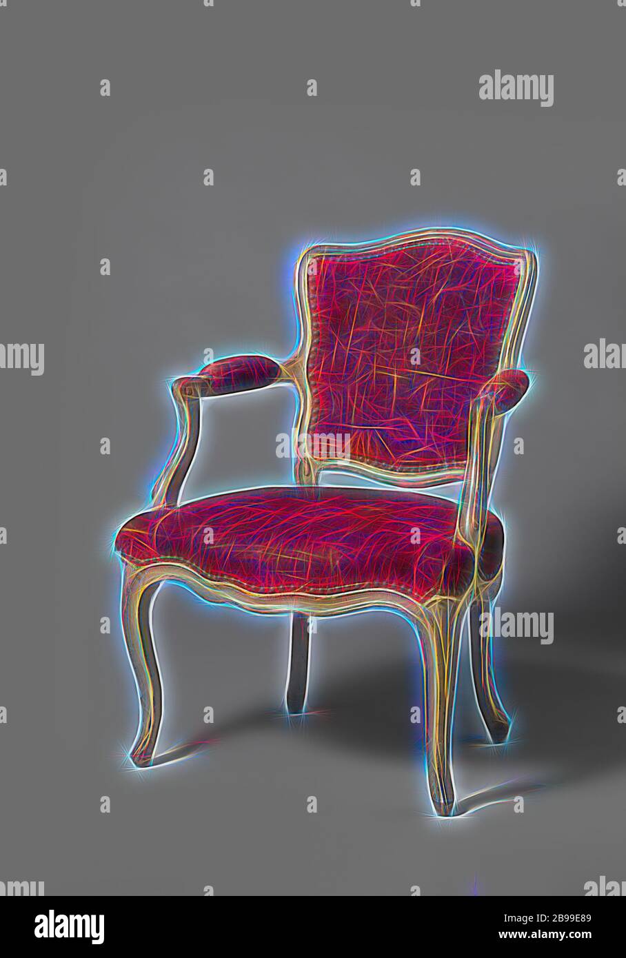 Armchair on S-shaped curved front legs, painted gray walnut and covered with red velvet with rose branch pattern, Armchair made of gray painted walnut with red nailed velvet with a rose branch pattern. The S-shaped front legs, placed at an angle, merge into the scaled seat lines without interruption. The trapezoidal seat is slightly curved at the front and curved at the sides. The armrests recede outwards, have pads and end in volutes. The armrest struts merge into the armrests in an S-shape. The back window rests on small struts, slightly curved styles and sills., anonymous, France, 1750, woo Stock Photo