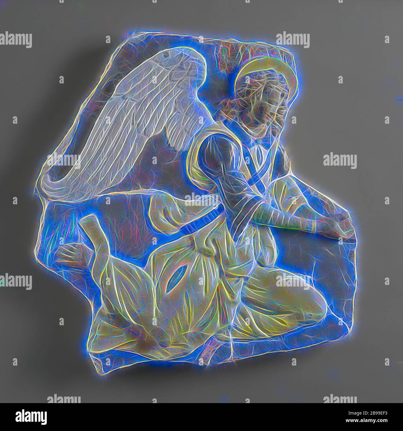 Floating angel, The angel holds an indefinable object in front of her (a fragment of). He has raised the left leg with the knee forward and the other with his foot swinging backwards. The upper part of the other wing is visible behind the nimbus. The angel wears over an undergarment, of which only the sleeves and part of the skirt can be seen through a split in the upper garment (according to the colors), a second garment with half sleeves and a collar. That is what the sleeveless outer garment is about, which is looped around the waist and hips. A part of this garment protruding backwards is Stock Photo