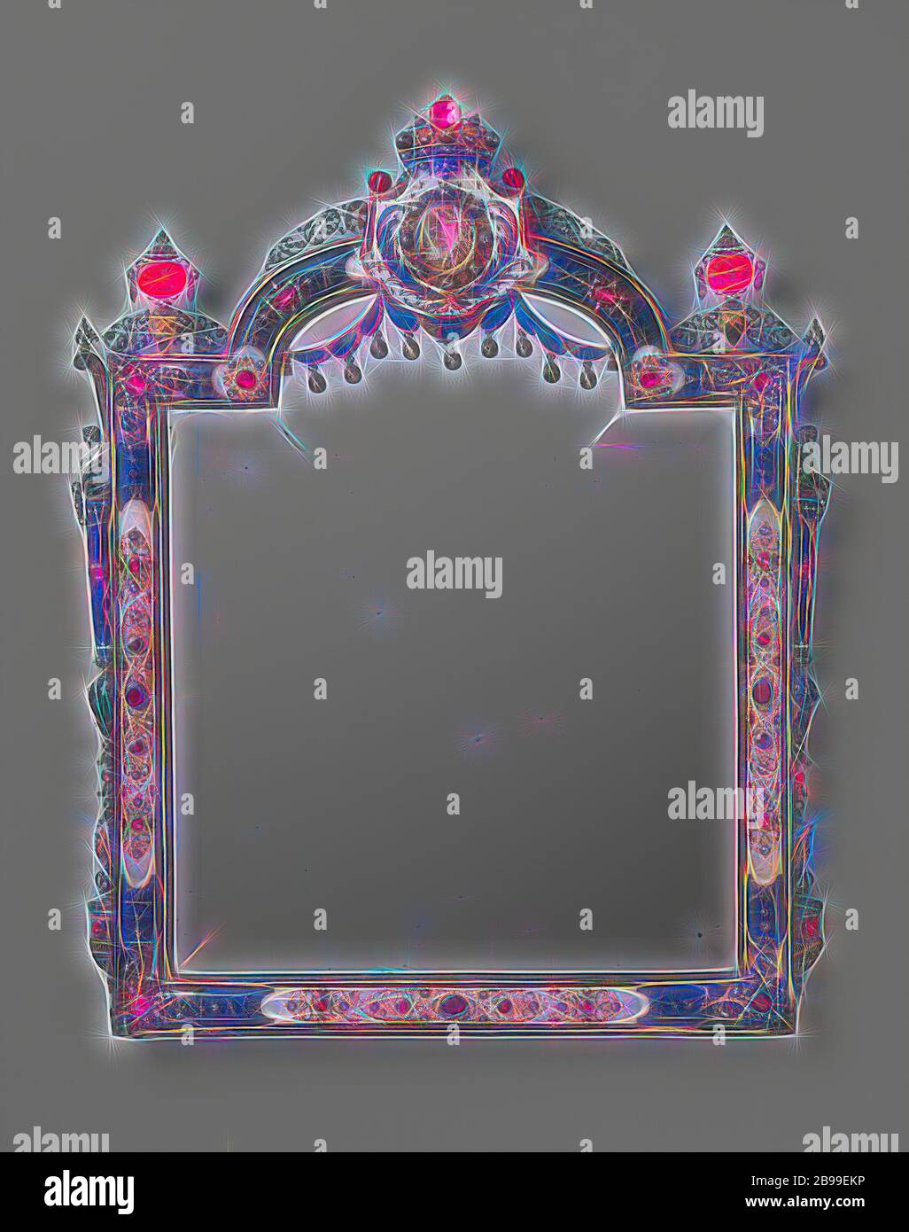 Mirror, standing model, with polished edges and in an openwork frame of gold and silver with mother-of-pearl ornaments, set with garnet and carnelian. On the back painted Chinoiseries, Standing mirror with polished edges in frame with openwork gold and silver ornaments on mother-of-pearl, set with grenades, carnelian. Chinoiseries painted on the back., anonymous, Dresden, c. 1700, gold (metal), silver (metal), mother of pearl, garnet (mineral), carnelian, glass, amalgam, h 45.0 cm Ã— w 36.5 cm Ã— d 3.0 cm, Reimagined by Gibon, design of warm cheerful glowing of brightness and light rays radian Stock Photo