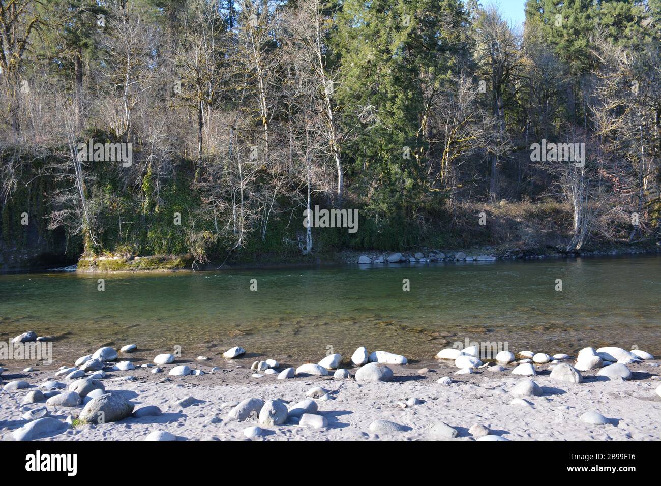 Clear calm water seen from the public access beach on the Sandy River at Dodge Park, Clackamas County, Oregon, USA. Stock Photo