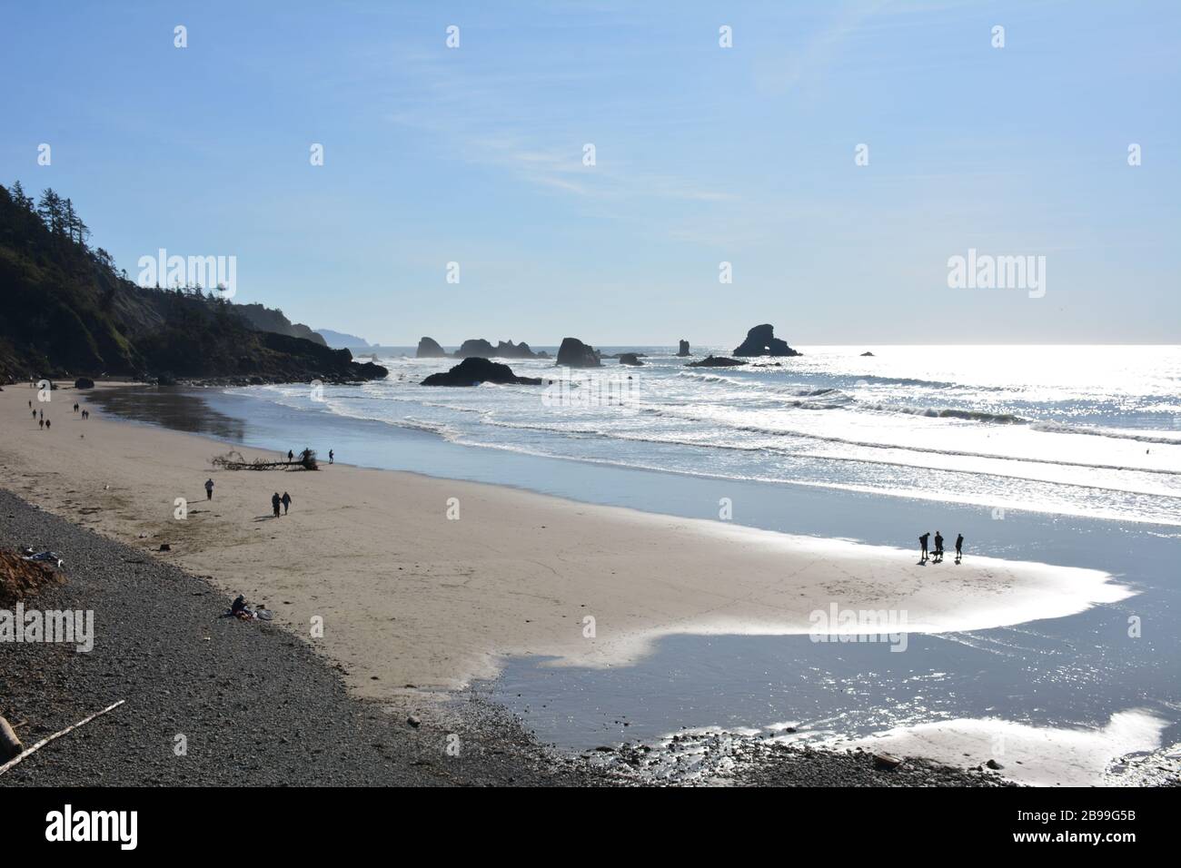 Looking down onto Indian Beach in afternoon light at Ecola State Park, Clatsop County, Oregon Coast, USA. Stock Photo