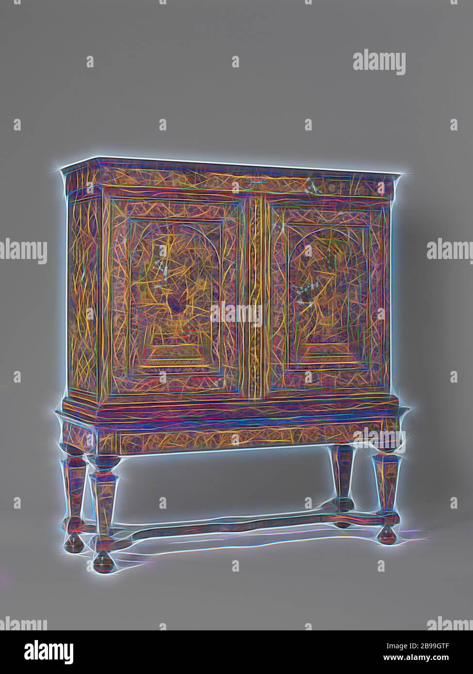 Cabinet Cabinet on base of baluster legs, connected by a double Y-shaped cross on ball legs. Furniture and base decorated with floral marquetry, Cabinet glued with several types of wood and bone on an oak core. The baluster legs of the frame are connected by a double Y-shaped cross on ball legs, with an oval in the middle. Both the inside and outside of the furniture and the base are decorated with floral marquetry. The two doors show flower vases placed high on pedestals under arches, there is a bird on each pedestal. Frames with flower and leaf vines. The line of the frame contains a drawer Stock Photo