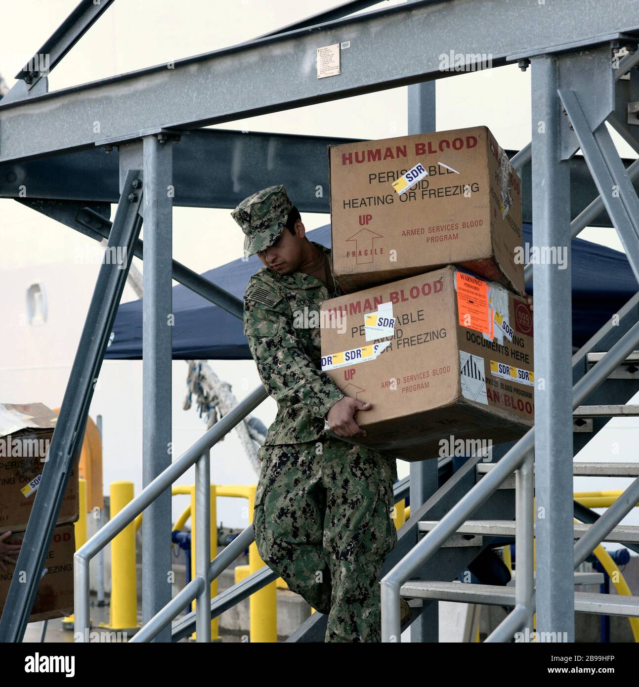 San Diego, California, USA. 23rd Mar, 2020. A sailor relocates boxes of human blood products as they and other supplies are loaded onto USNS Mercy. Mercy, one of two Navy hospital ships, is being deployed to the Port of Los Angeles to provide overflow medical care with the goal of freeing up traditional hospital space for COVID-19 patients. Credit: David Barak/ZUMA Wire/Alamy Live News Stock Photo