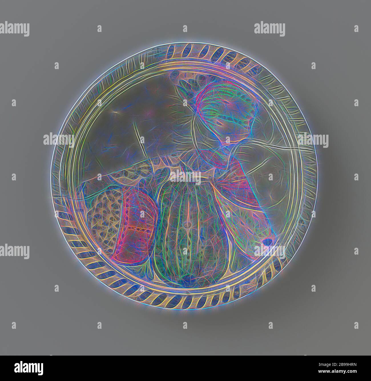 Plate of multi-colored majolica, Round plate of multi-colored majolica. The plate is painted with fruits and leaves within a double blue circle. The colors used are: blue, green, orange, yellow and manganese purple., anonymous, Netherlands, c. 1600 - c. 1625, earthenware, tin glaze, lead glaze, h 3.5 cm × d 20.3 cm, Reimagined by Gibon, design of warm cheerful glowing of brightness and light rays radiance. Classic art reinvented with a modern twist. Photography inspired by futurism, embracing dynamic energy of modern technology, movement, speed and revolutionize culture. Stock Photo