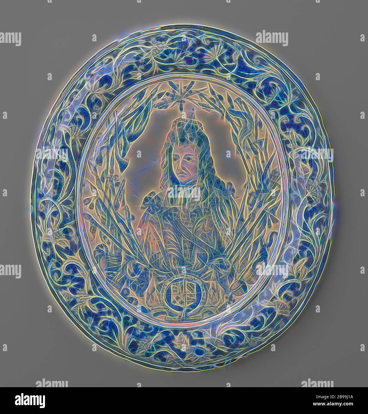 George I, King of England, Plaque of Faience. Painted blue with the portrait of George I, King of England (1714-1728). Possibly a fake after Dutch or English example. The object is (probably) a DECREASE, England, George I (King of Great Britain and Ireland), anonymous, Netherlands (possibly), 1720 - 1740 and/or 1830 - 1880, h 23.5 cm, Reimagined by Gibon, design of warm cheerful glowing of brightness and light rays radiance. Classic art reinvented with a modern twist. Photography inspired by futurism, embracing dynamic energy of modern technology, movement, speed and revolutionize culture. Stock Photo