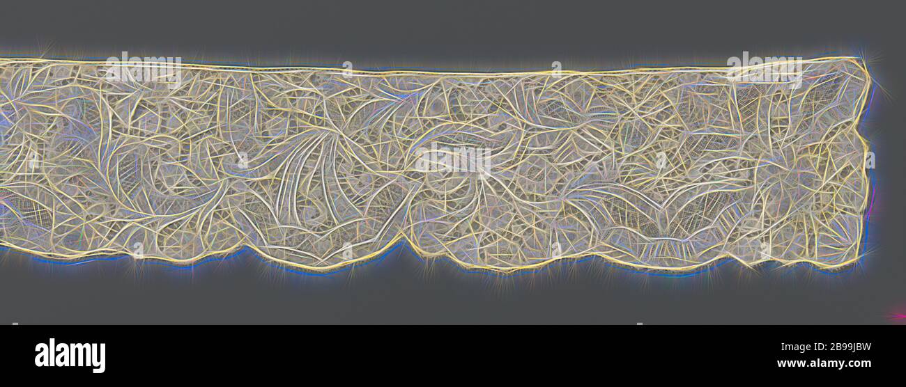 Strip of bobbin lace with two halved cartouches with wide serrated decorative edge, Strip of natural-colored Brussels bobbin lace. The symmetrical pattern consists of two halved cartouches placed next to each other from the center, the half-oval-shaped center of which rests against the top of the strip. The wide serrated decorative border around it extends to the bottom of the strip and is richly decorated with, among other things, oblique stripes and a straight down hanging iris or French lily. The pattern between the cartouches is not symmetrical, but outside on either side it is. This patte Stock Photo