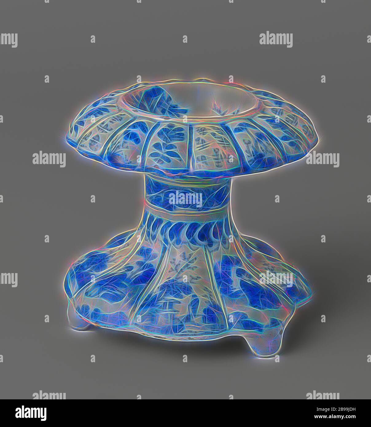 Salt cellar Salt barrel, Salt barrel of faience, pulley-shaped, on three legs, bottom part eight-lobed, the overhanging upper part is formed by a recessed round part and a sixteen-lobed edge. On the lobes of the lower part alternately large and smaller Chinese in a landscape, on the lobes of the upper part alternately twice a floral design and once Chinese characters. In the lowered part, a seated Chinese sitting by a tree. On the neck a band with flowers and leaves, above and including a floral pattern. This painting in blue with a black line on the white tin glaze. Marked., Chinese (other cu Stock Photo