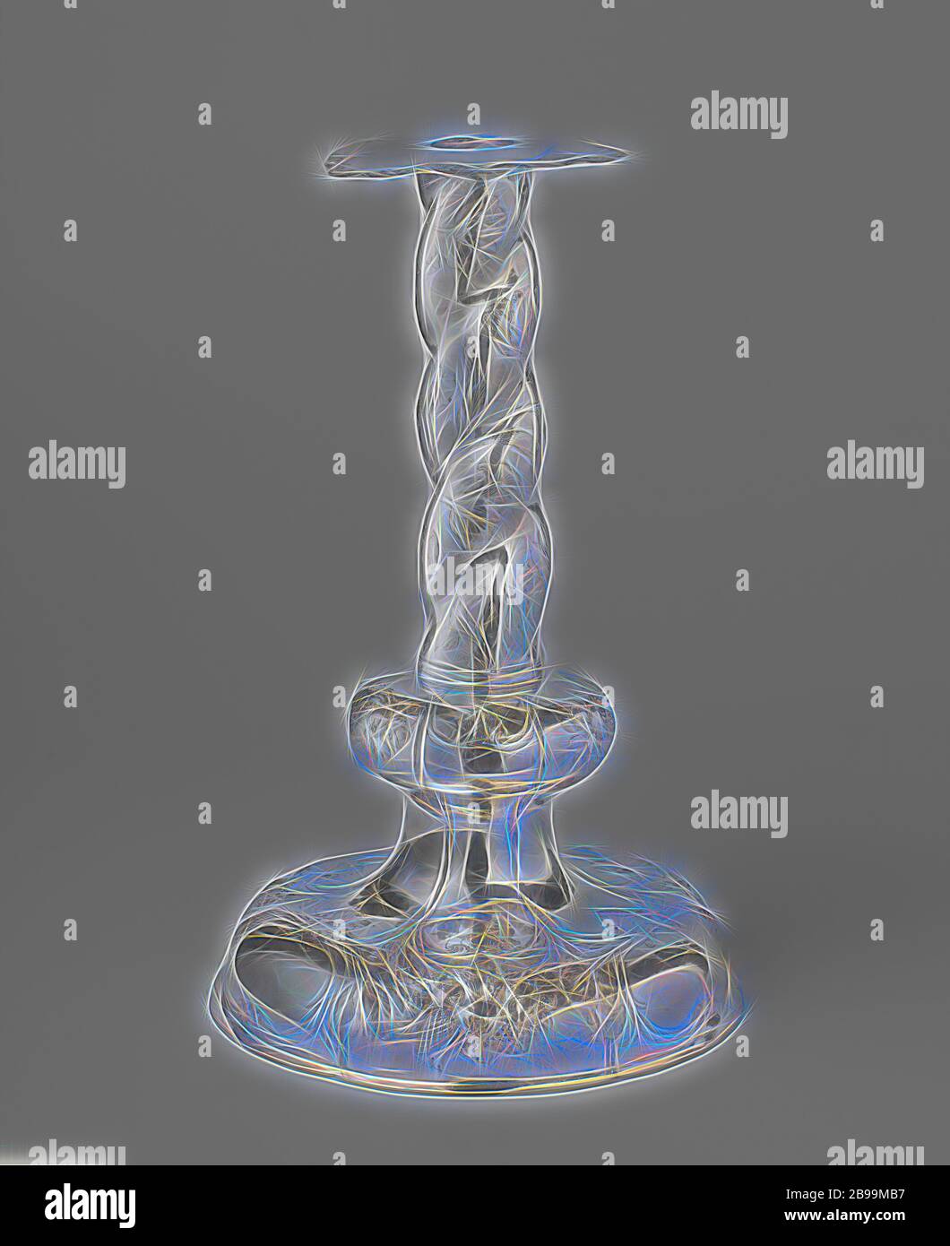 Candlestick with driven flowers, Candlestick of silver. The six-lobed arched foot runs into the trunk, which is twisted above the nodus. At the foot of festoons, connected by a rest of lobe ornament. The nodus and trunk are decorated with driven flowers and tendrils. The loose fat trap is unadorned., Peter Alberts (attributed to), Zwolle, 1672, silver (metal), h 34.5 cm × d 21.5 cm × w 596 gr, Reimagined by Gibon, design of warm cheerful glowing of brightness and light rays radiance. Classic art reinvented with a modern twist. Photography inspired by futurism, embracing dynamic energy of moder Stock Photo