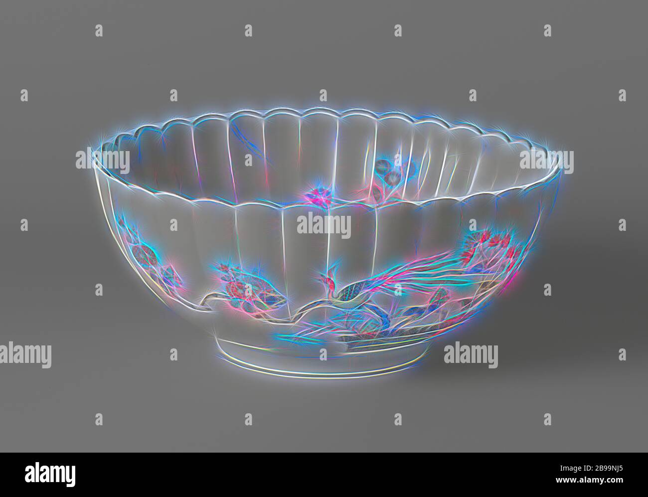 Petalled bowl with brushwood fences, mistflower, chrysanthemum and hoo, Bowl, with ribbed wall of 33 ribs, painted on the glaze in blue, red, green, yellow, black and gold, with on one side a hay bird on a chrysanthemum branch with bound hedges and liver herb (fujibakama, Eupatorium fortunei), on the other hand liver herb and a flying hay bird. On the inner wall three equal flower sprays and on the bottom two hoo-birds in a circular shape. Brown border. A crack in the wall, a chip in the edge. Old label on the bottom with 'Westendorp Collection / 108'. Kakiemon., anonymous, Japan, c. 1670 - c. Stock Photo