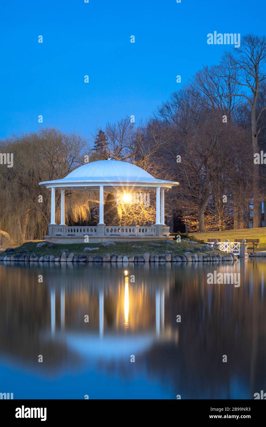 Night Closeup View of Hiawatha Lake Gazebo in Onondaga Park, Known Locally as Central Park in Syracuse, New York - One of the Most Visited Travel Dest Stock Photo