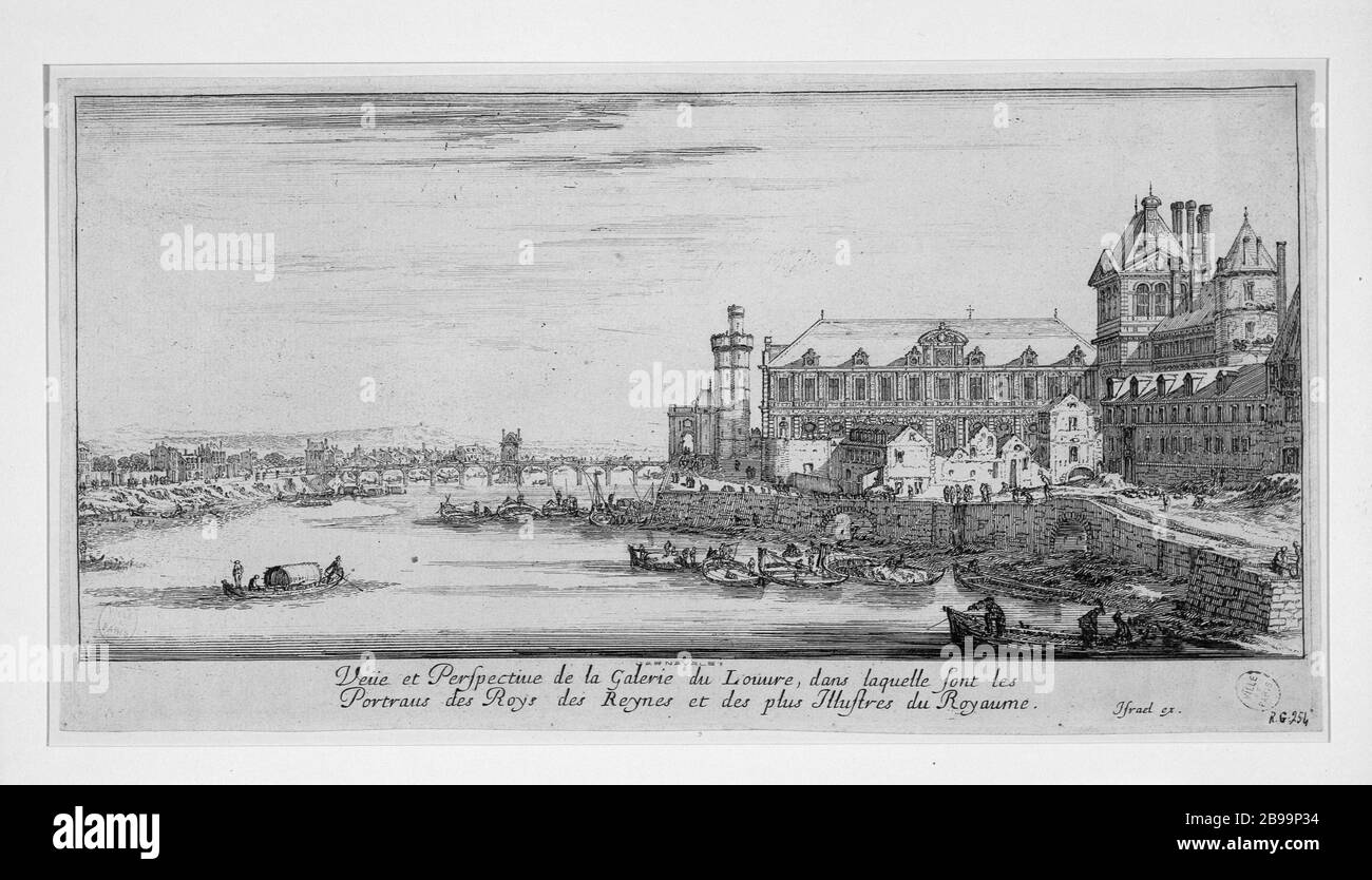 VIEW AND PERSPECTIVE OF THE GALLERY OF THE LOUVRE Israël Silvestre et Israël Henriet. 'Vue et perspective de la galerie du Louvre'. Eau-forte, 1650-1655. Paris, musée Carnavalet. Stock Photo
