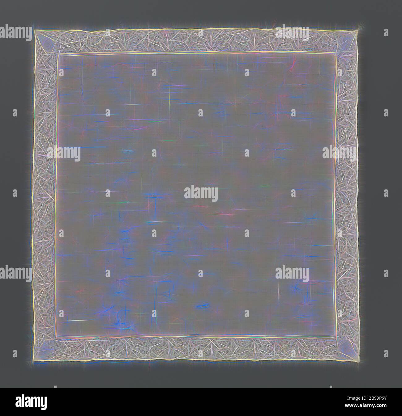 Neck-nose cloth or handkerchief trimmed with a strip of Dutch lace, Neck-nose cloth or handkerchief trimmed around with a strip of bobbin lace: Dutch lace. The repetitive and symmetrical lace pattern consists of a hanging flower on a straight stem with two side branches on either side with curling leaves and a few smaller flowers. The faint scallop edge is finished with picots. A seam can be seen in the corners at the front (45 degrees relative to the direction of the strip), at the rear the strip has one pleat in each corner., anonymous, Southern Netherlands, c. 1650 - c. 1699, geheel, bobbin Stock Photo