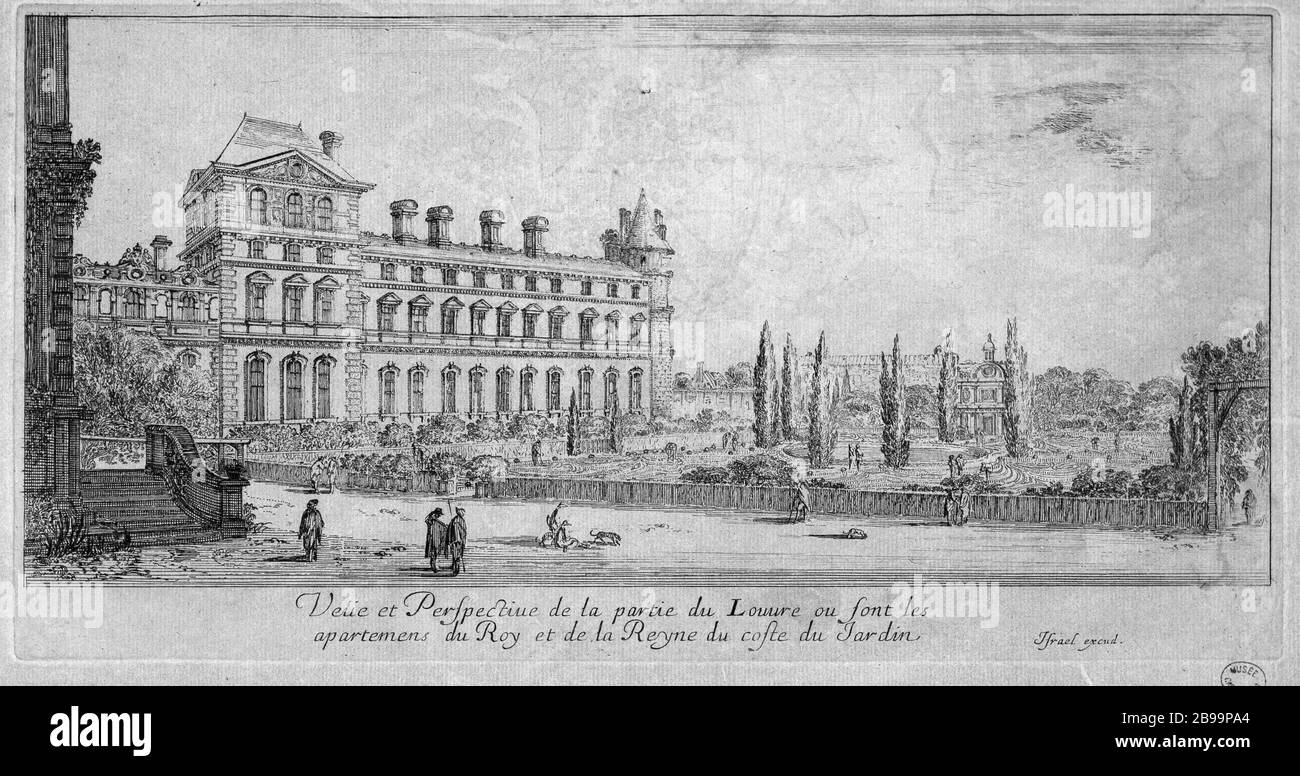 VIEW AND PERSPECTIVE OF PART OF LOUVRE OR APARTMENTS ARE THE KING AND QUEEN OF THE COAST GARDEN Israël Silvestre (1621-1691) et Israël Henriet (1590-1661). 'Vue et Perspective de la partie du Louvre où sont les appartements du Roi et de la Reine du côté du jardin'. Eau-forte, 1650-1655. Paris, musée Carnavalet. Stock Photo