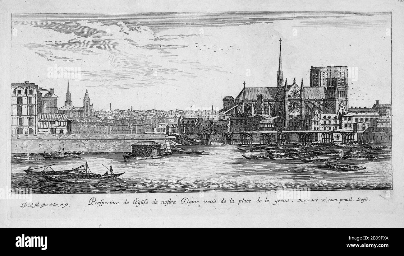 CHURCH PERSPECTIVE OF OUR LADY, THE PLACE TO STRIKE Israël Silvestre et Jean-François Daumont. 'Perspective de l'église de Notre-Dame, vue de la place de Grève'. Eau-forte, 1740. Paris, musée Carnavalet. Stock Photo