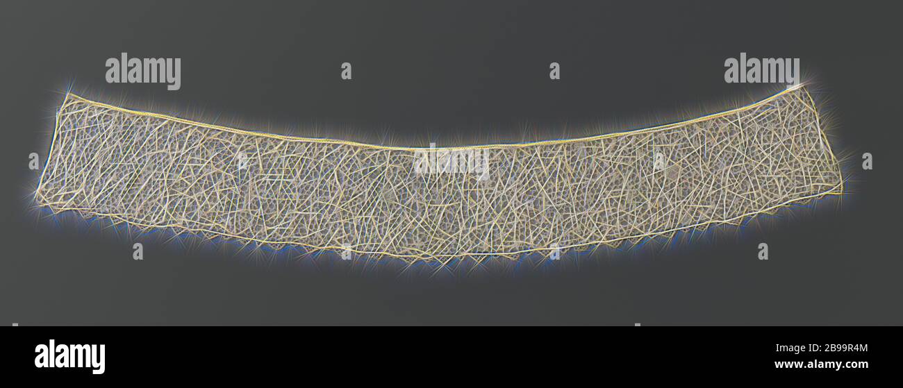 Strip of needle lace with three medallion motifs and tendrils, Strip of natural colored needle lace: point de France. In an apparent maze of volutes and flower buds different symmetrical compositions can be distinguished, including volutes that form cartouches and that surround a rosette flower or further down a heart with a rosette flower underneath. The motifs are made with festival stitches and decorative stitches. Very light relief has been achieved by the way in which a part of the volutes is made and around the flat fixed motifs. The motifs are connected to each other by painted bars tha Stock Photo
