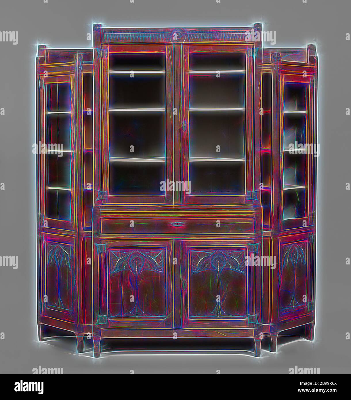 Display case consisting of a central part and two obliquely placed side parts with carved floral motifs, Display case of mahogany consisting of a central part and two angled pentagonal side parts resting on slender high legs. The middle part consists of a lower cabinet with two doors and above a drawer and a recessed upper cabinet with two high windows and a frieze. The receding side parts, which are lower than the middle part, consist of a door with a high window above them and are flanked by obliquely placed narrow parts consisting of a panel with a high window above it. There is a raised li Stock Photo