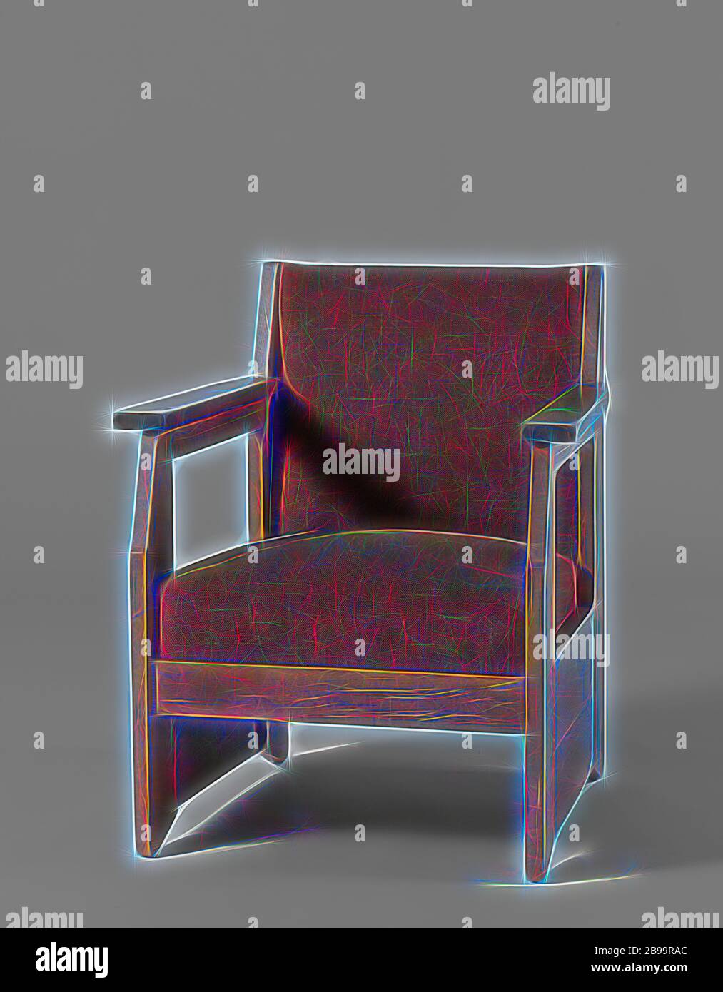 Armchair With Wide Side Walls And Upholstered In Red Wool Oak Armchair Resting On Four Wide Flat Legs With Beveled Top And Bottom The Front And Rear Legs Are Connected By Means Armchair With Wide Side Walls And Upholstered In Red Wool Oak Armchair Resting On Four Wide Flat Legs With Beveled Top And Bottom The Front And Rear Legs Are Connected By Means