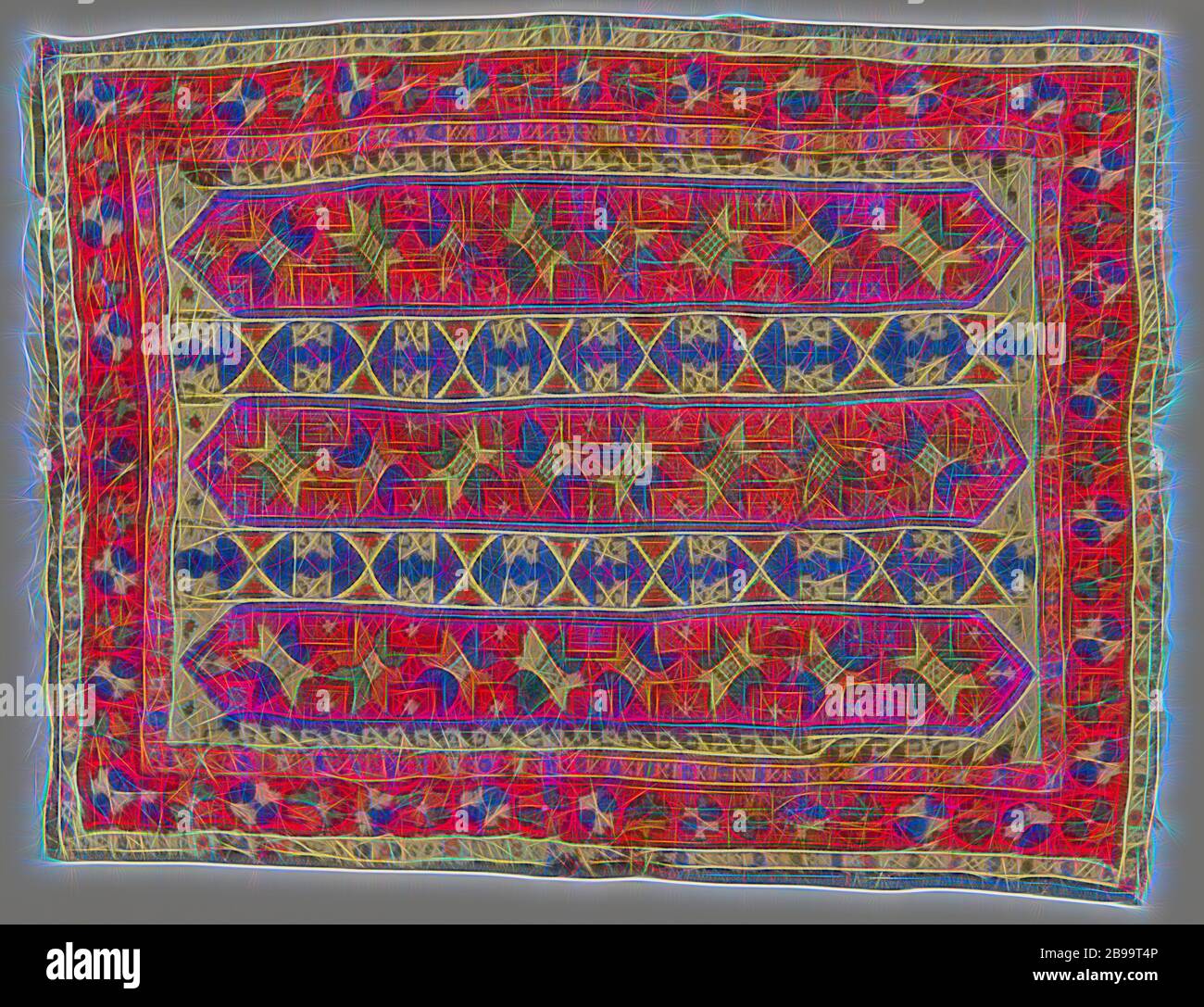Oriental carpet, striped rug. The white background of the midfield is  almost completely filled with three tracks, ending on both sides in points.  In between there is always a chain of double