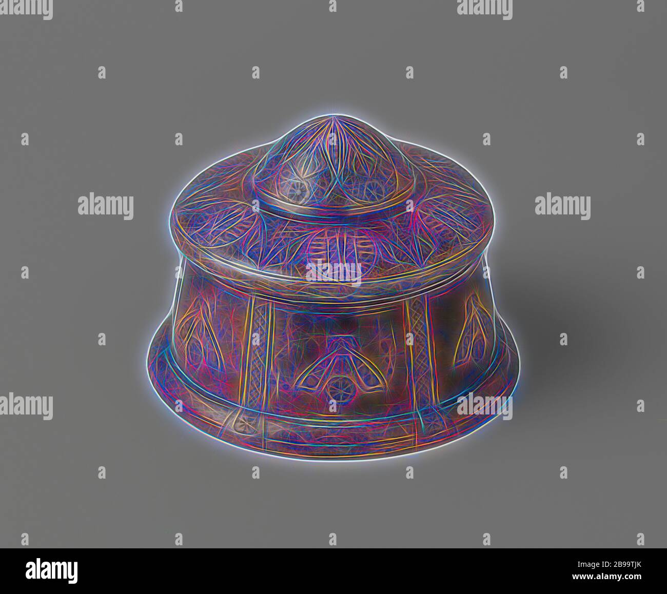 Round tombak tobacco jar with lid, The driven object consists of a  container and a lid attached by a hinge. The base and the conical wall of  the container are decorated with