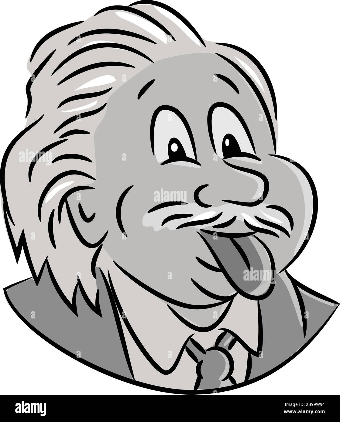 Cartoon style illustration of head of nerdy genius scientist Albert Einstein sticking his tongue out viewed from front on isolated white background. Stock Vector