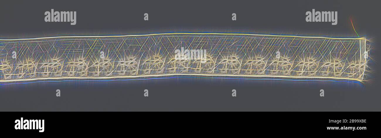 Strip of bobbin lace with zigzag line of sleeves and horizontal oval flower, Natural strip of bobbin lace: Lille lace. Under a zigzag line of square pouches, the repeating pattern along the lower half of the strip consists of a horizontal flower stem with two oval petals and an oval flower, all with a whimsically lobed edge. Underneath each flower are two openwork oval motifs, with the same edge and separated by a square moose. The motifs are connected to each other by a fine grid, a lawn. The sparingly full work is made in linen, with thicker and shiny contour threads. The top and bottom are Stock Photo