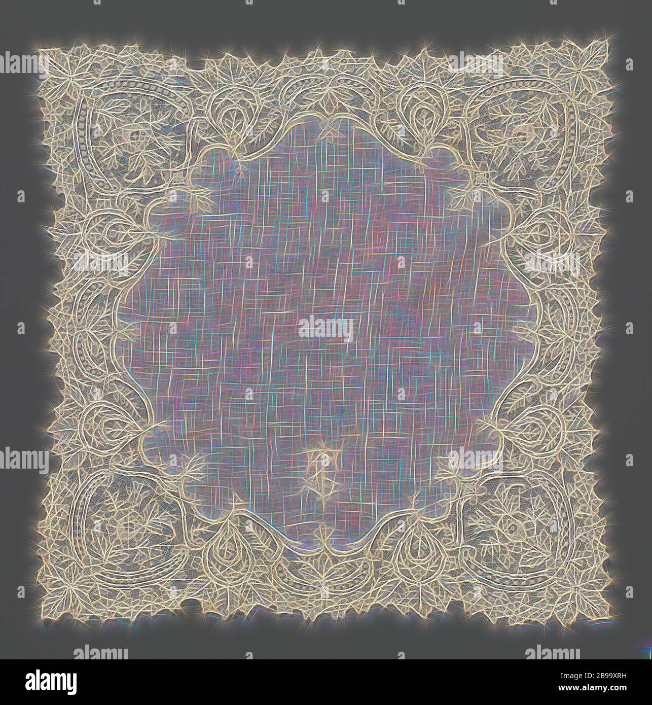 Handkerchief of batist with an embroidered monogram 'ET' and finished around with a border of needle lace, Handkerchief of batist with an embroidered monogram 'ET' and finished around with a border of natural colored needle lace: Brussels' gauze lace. Symmetrical pattern with a medallion placed in every corner with a rose in it. Under the medallion, in the outer corners of the handkerchief, a vine leaf. On both sides of the medallion two drop-shaped frames with three leaves underneath. In the middle of the sides there is a leaf between two c-volutes, including four flowers., anonymous, Brussel Stock Photo