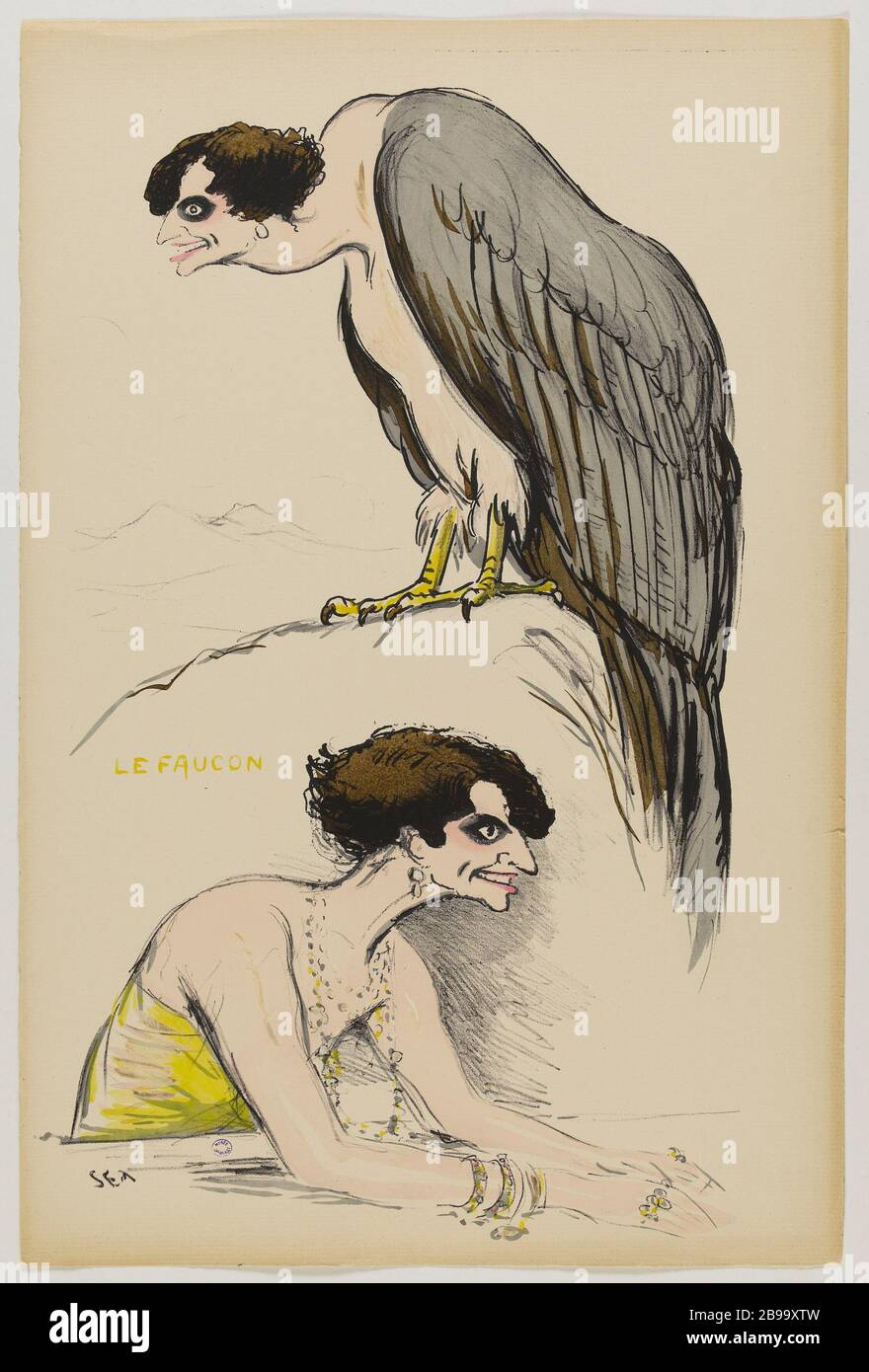 ALBUM 'THE NEW WORLD' (2ND SERIES): THE FALCON (PL 10) Sem (1863-1934). 'Album 'le Nouveau Monde' (2ème série) : le faucon (pl 10)'. Lithographie coloriée, 1923. Paris, musée Carnavalet. Stock Photo