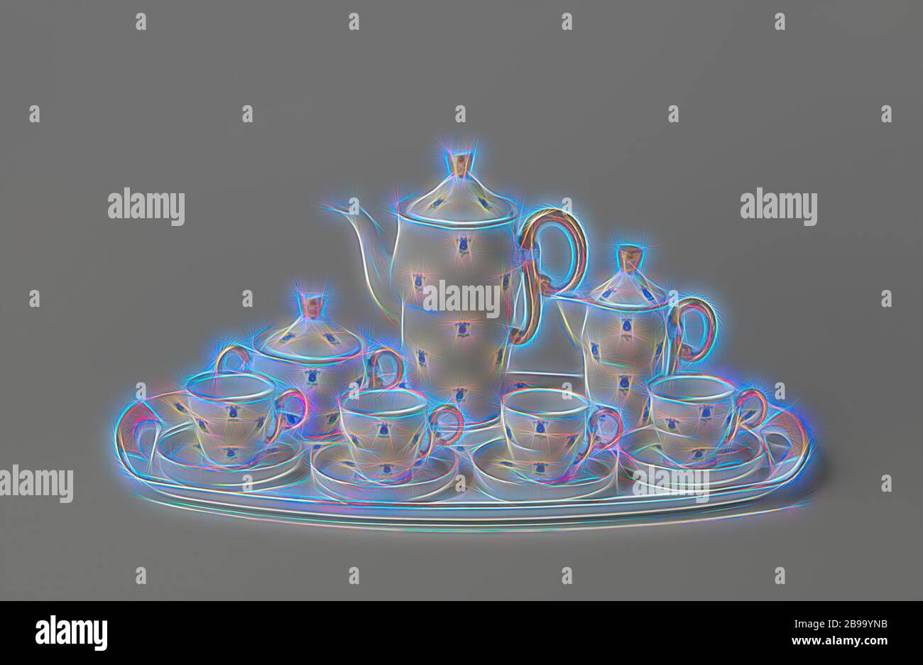 Coffee service with flowers, Porcelain coffee set, painted on the glaze in blue, red, green and gold. The service consists of twelve parts, including a tray, coffee pot, milk jug, sugar bowl and four cups with saucers. All decorated with blue flowers. Marked on the bottom with the crossed hammers with crown., Pirkenhammer, Karlovy Vary, c. 1935, porcelain (material), glaze, gold (metal), vitrification, Reimagined by Gibon, design of warm cheerful glowing of brightness and light rays radiance. Classic art reinvented with a modern twist. Photography inspired by futurism, embracing dynamic energy Stock Photo