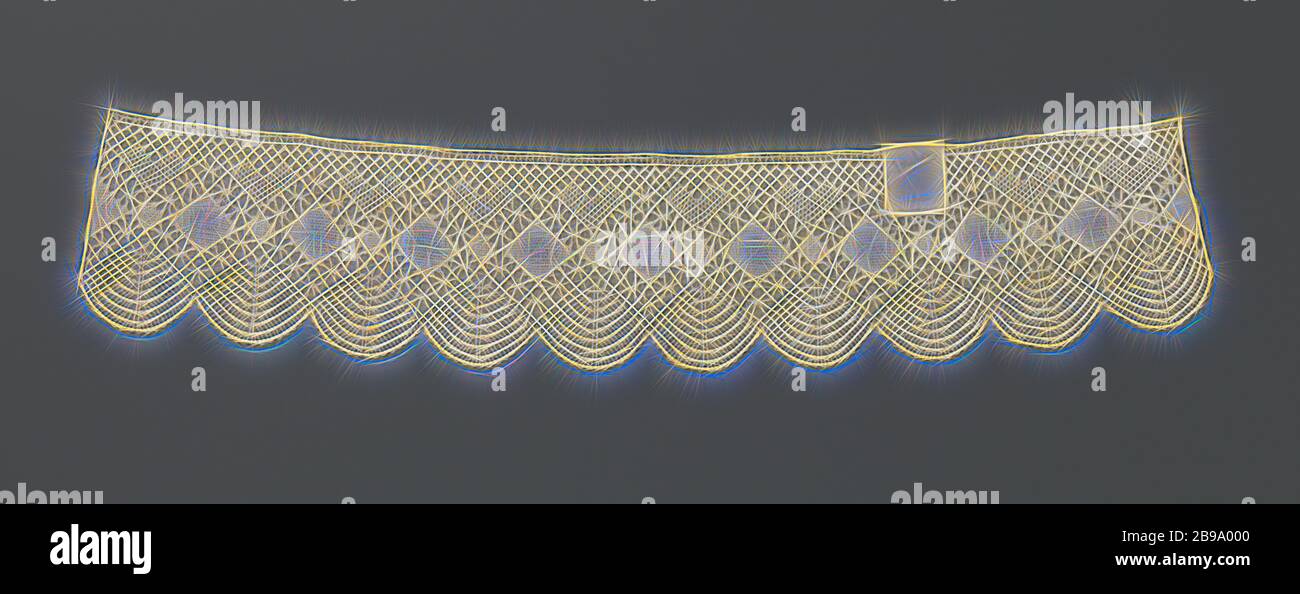 Strip of bobbin lace with fans and diamonds and hearts, Natural strip of bobbin lace: lace. The repeating pattern consists of a scalloped edge of fans above which a row of large diamonds is interspersed with smaller ones and above that a row of hearts. Zigzag tracks with spiders run around the windows. The windows are made in linen, the hearts in net. At the top of the strip the hearts are connected to each other by a straw grid. A label has been sewn onto the strip on which the handwritten text: 'Kantwerkcursus Fort de Kock 15 / 2-15 / 6-1917 Lian Fort v / d Capellen Kant no. 4'., anonymous, Stock Photo