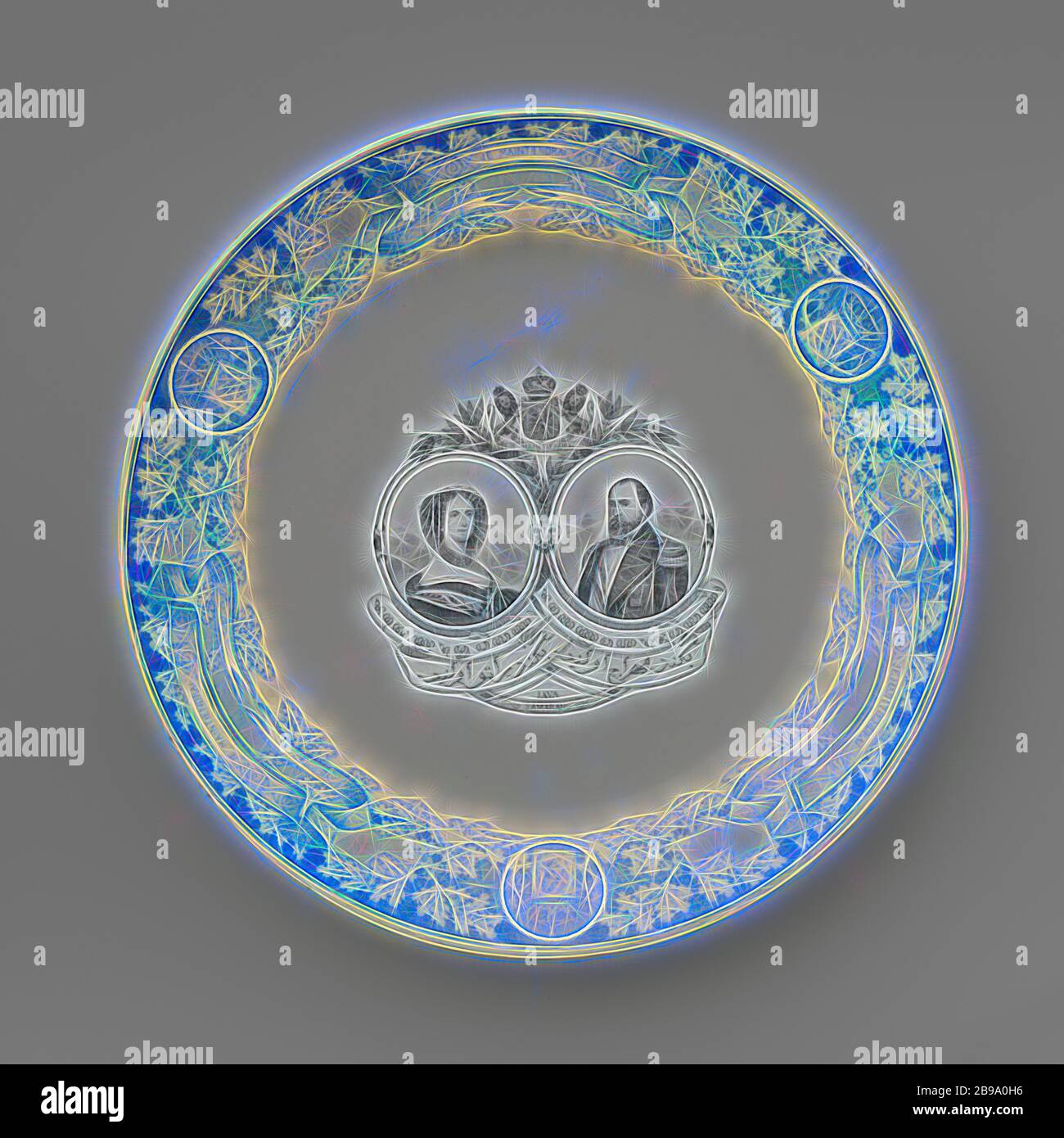 Plate with portraits of Willem III and Sophia of Württemberg on the flat, Pottery plate with portraits of Willem III and Sophia of Württemberg on the flat in black transfer decor. Above the portraits a weapon and a banderolle with the text JE MAINTIENDRAI. Among the portraits are banderolles with JAVA and SAMARANG, and texts in Malay and Arabic. The edge of the board with a blue transfer decor with three banderole lessons that says: JE MAINTIENDRAI, and three medallions with a weapon. Here between acorns and oak leaves., N.V. Société Céramique, Maastricht, c. 1863 - c. 1958, earthenware, h 2.9 Stock Photo