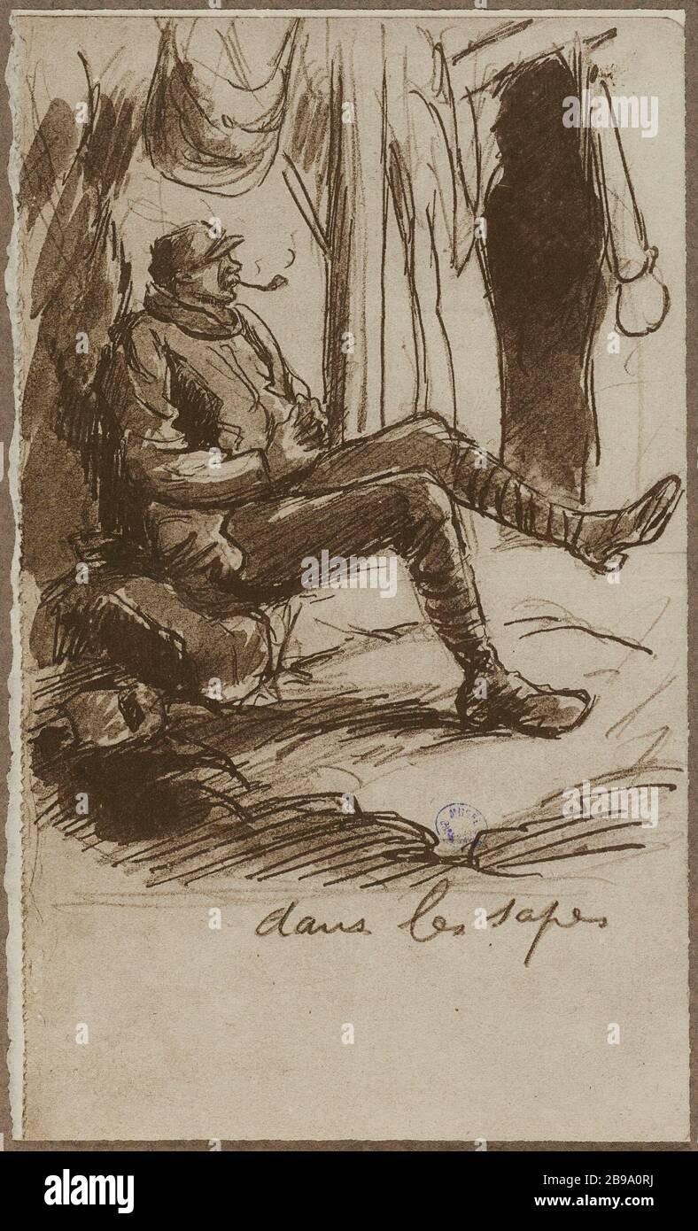 SKETCH OF WAR BY HE 1915-1916; IN STLHE Sem (Georges Goursat dit, 1863-1934). 'Croquis de guerre par Sem 1915-1916; dans les sapes'. Procédé photomécanique. Paris, musée Carnavalet. Stock Photo