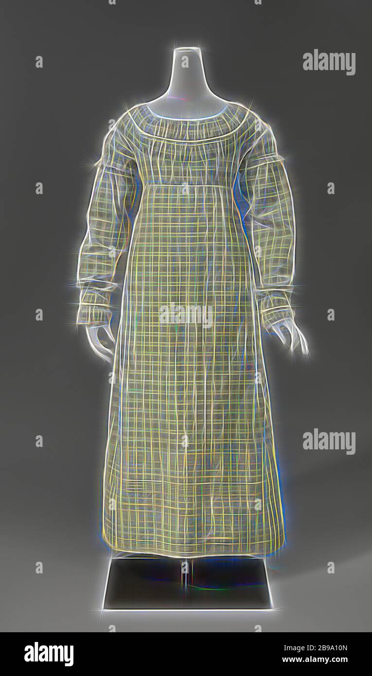 Gown Dress in white with blue checkered cotton, with long sleeves decorated  with white rolled seams, the neck and cuffs with strongly wrinkled puffing  seams decorated with white cord, Dress in white