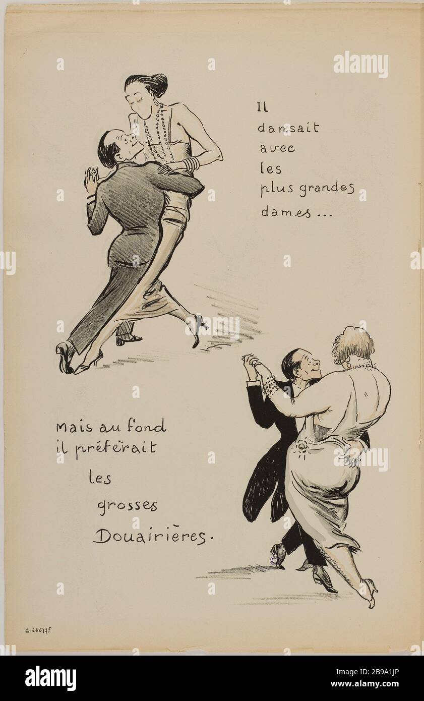 He danced WITH LARGER LADIES Sem (Georges Goursat, dit - 1863-1934). 'Il dansait avec les plus grandes dames'. Lithographie en couleur. Paris, musée Carnavalet. Stock Photo