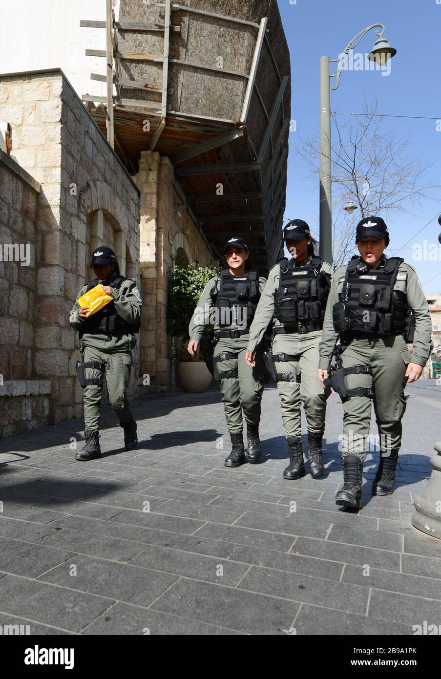 Israeli border police soldiers patrolling Jaffa street in Jerusalem. Stock Photo