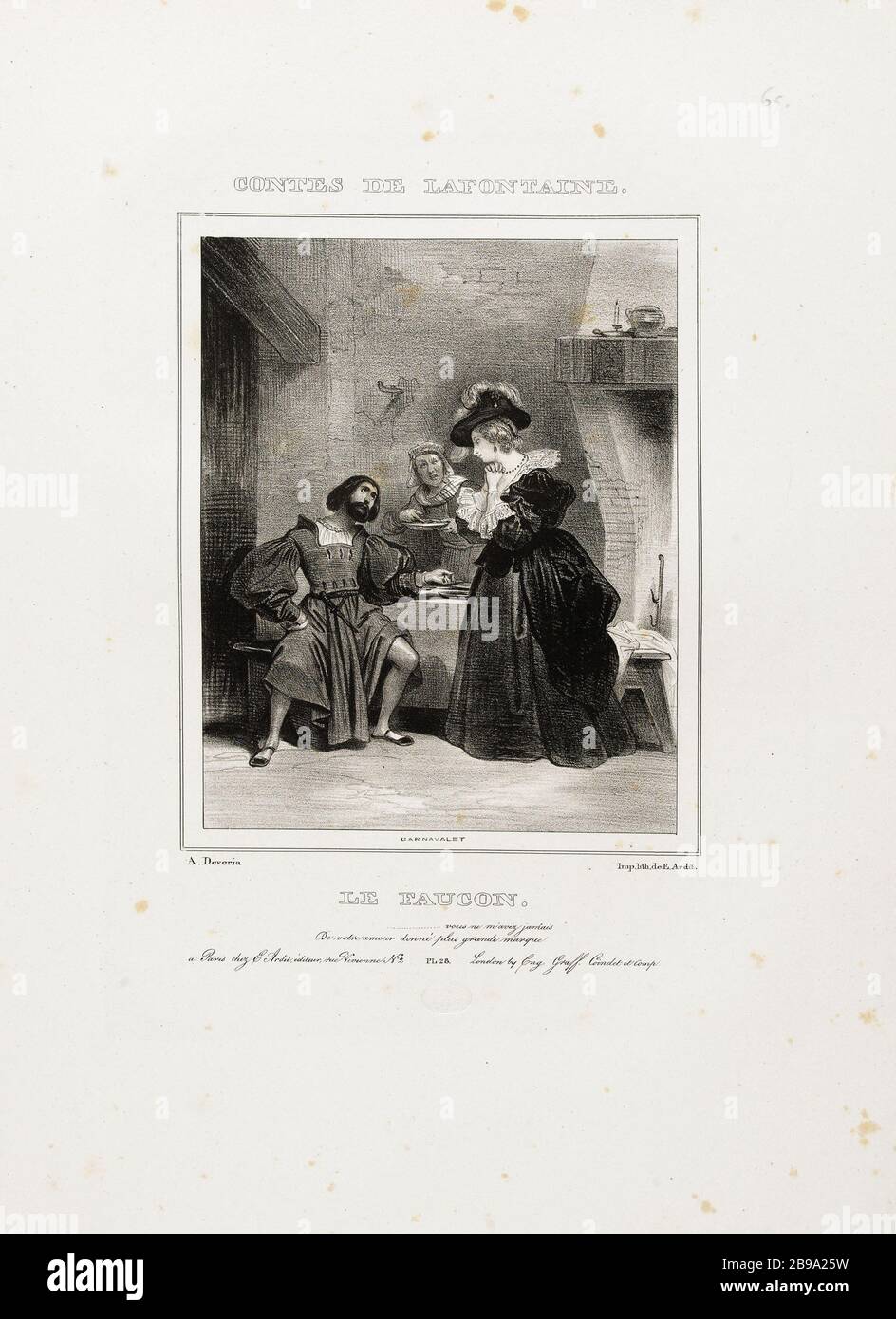 Album Tales of Jean de La Fontaine: the falcon. Achille Devéria (1800-1857) et E. Ardit. Album des Contes de Jean de La Fontaine : le faucon. Lithographie, 1830. Paris, musée Carnavalet. Stock Photo