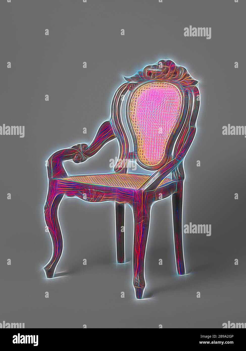 Neo-Rococo-style armchair made of djati wood with seat made of cane ...